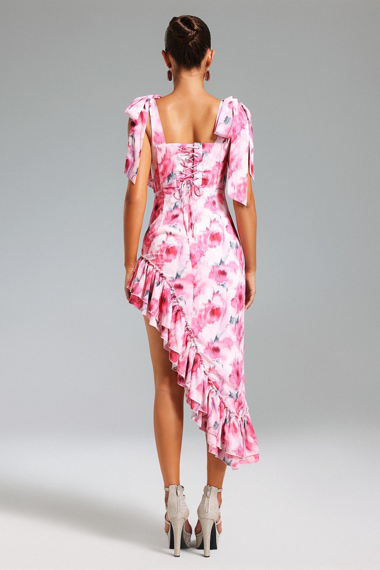 Veronica Pink Floral Asymmetrical Hemline Dress Sweetheart Neckline Ruffles Adjustable Straps