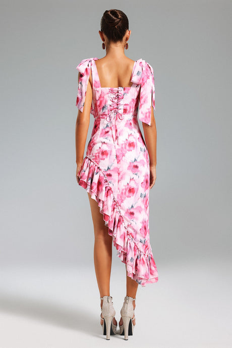 Veronica Pink Floral Asymmetrical Hemline Dress Sweetheart Neckline Ruffles Adjustable Straps