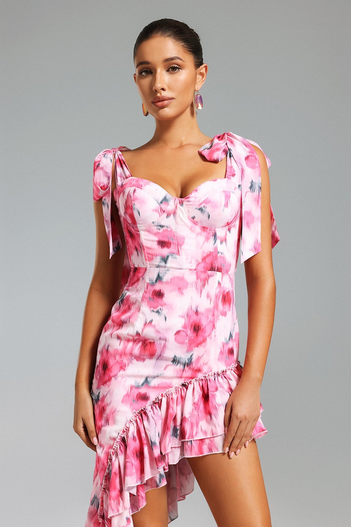 Veronica Pink Floral Asymmetrical Hemline Dress