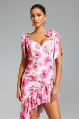Veronica Pink Floral Asymmetrical Hemline Dress