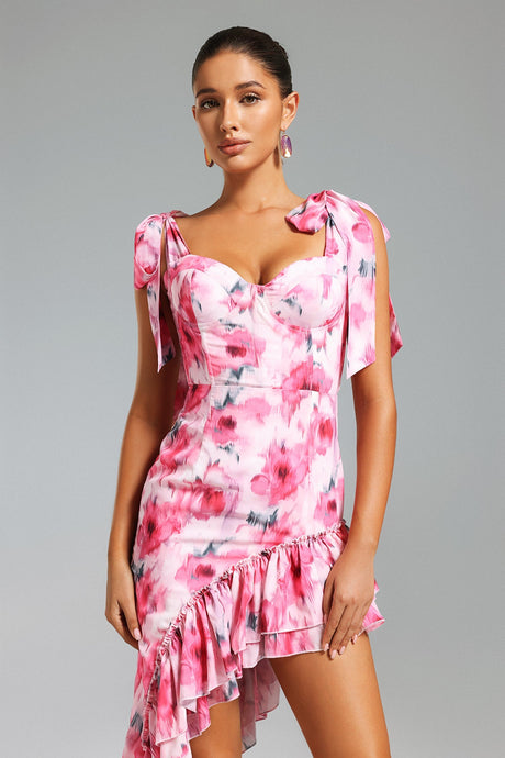 Veronica Pink Floral Asymmetrical Hemline Dress