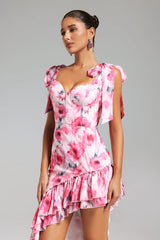 Veronica Pink Floral Asymmetrical Hemline Dress