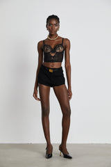Veronica Vest Top Black Lace Bow Detail Sweetheart Cropped Mesh