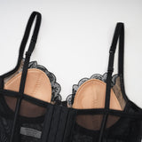 Veronica Vest Top Black Lace Bow Detail Sweetheart Cropped Mesh