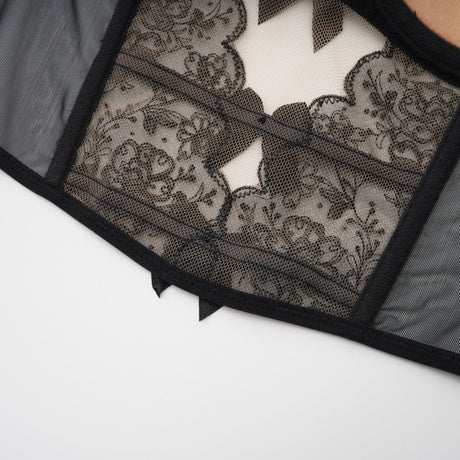 Veronica Vest Top Black Lace Bow Detail Sweetheart Cropped Mesh