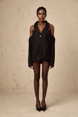 Veronika Blazer Black Striped Open Back & Peak Lapels