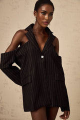 Veronika Blazer Black Striped Open Back & Peak Lapels