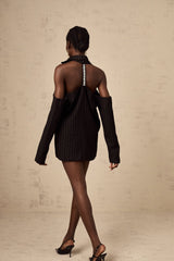 Veronika Blazer Black Striped Open Back & Peak Lapels
