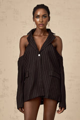 Veronika Blazer Black Striped Open Back & Peak Lapels