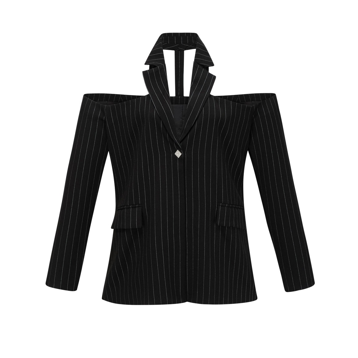 Veronika Blazer Black Striped Open Back & Peak Lapels