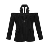 Veronika Blazer Black Striped Open Back & Peak Lapels