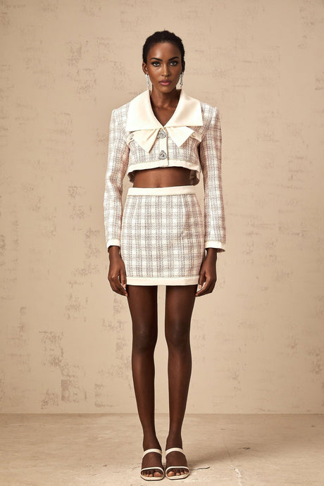 Veronika Jacket & Skirt Pink Checkered Tweed Set