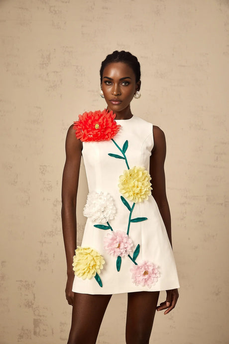 Véronique white 3dpetal sleeveless mini dress