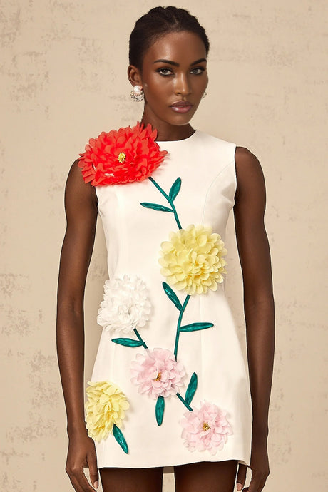 Véronique white 3dpetal sleeveless mini dress