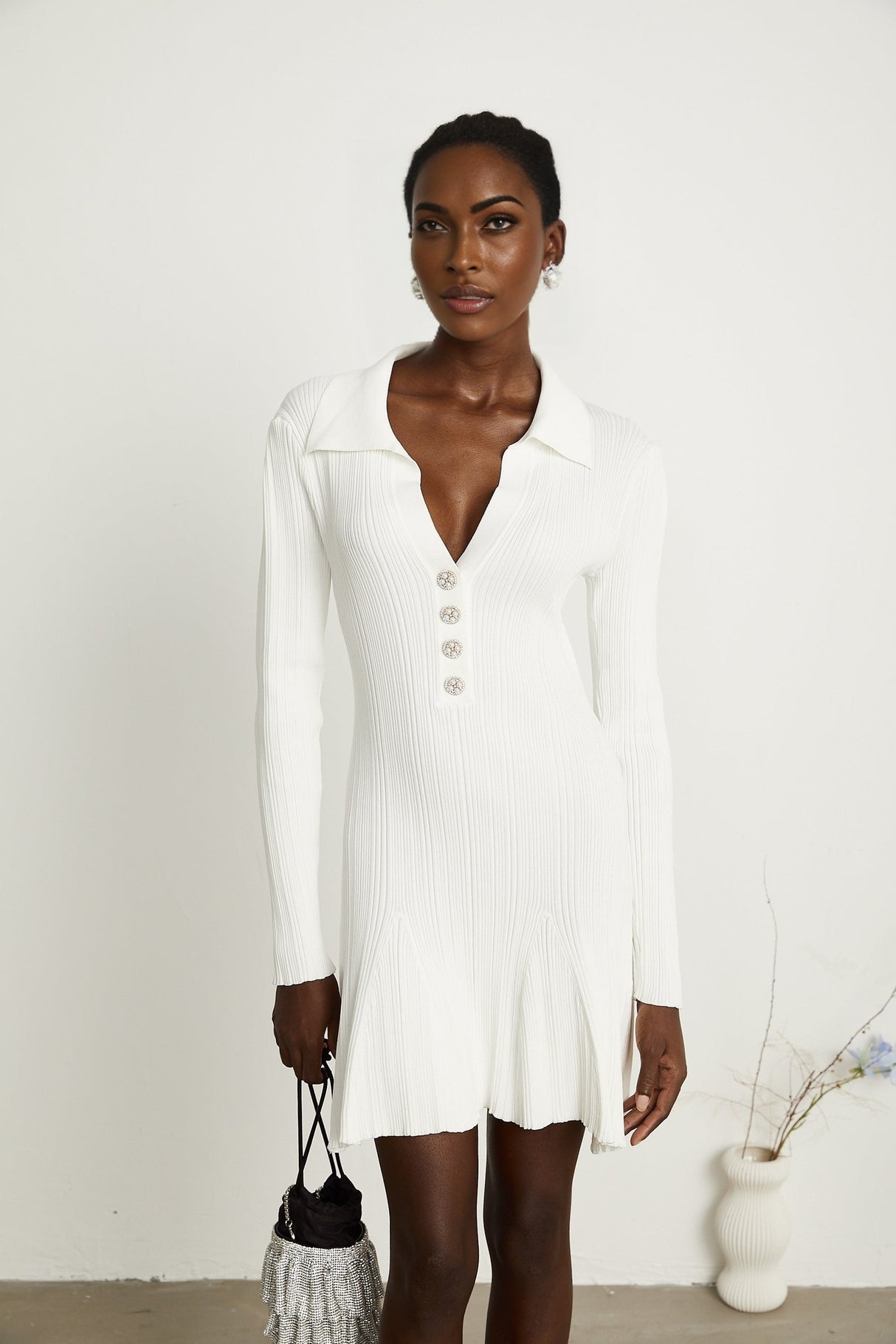 Véronique white ruffle knit mini dress