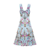 Victoire Blue Silk Floral Midi Dress With Open Back and Crystal Detail