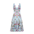 Victoire Blue Silk Floral Midi Dress With Open Back and Crystal Detail
