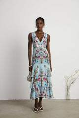 Victoire Blue Silk Floral Midi Dress With Open Back and Crystal Detail