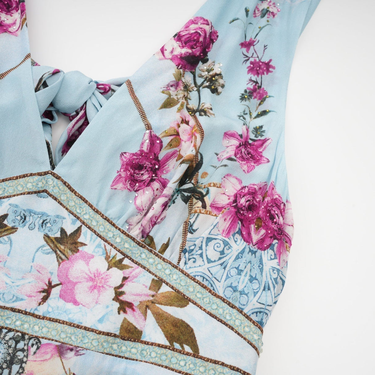 Victoire Blue Silk Floral Midi Dress With Open Back and Crystal Detail