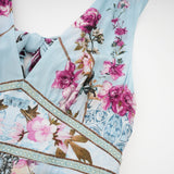 Victoire Blue Silk Floral Midi Dress With Open Back and Crystal Detail