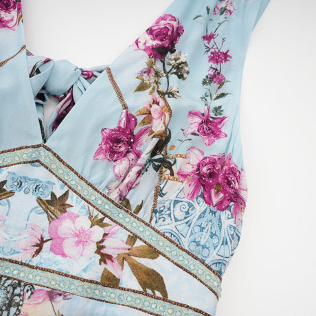 Victoire Blue Silk Floral Midi Dress With Open Back and Crystal Detail
