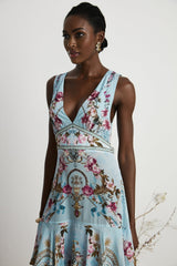 Victoire Blue Silk Floral Midi Dress With Open Back and Crystal Detail