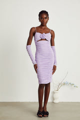 Victoria Midi Dress Purple Spaghetti Straps Cut Out Ruched Faux Flower Zip