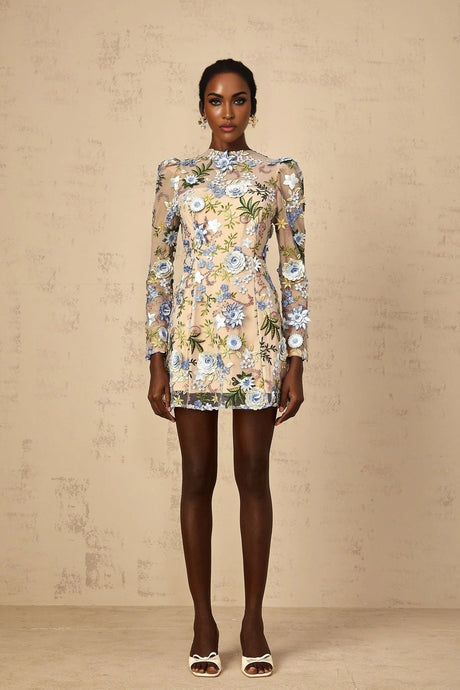 Victoria Mini Dress Blue Floral Appliqu Embroidered Tulle