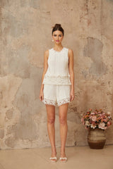 Victoria Top & Shorts Set with Crochet Detail in White
