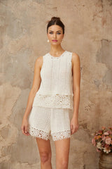 Victoria Top & Shorts Set with Crochet Detail in White