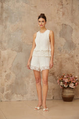 Victoria Top & Shorts Set with Crochet Detail in White