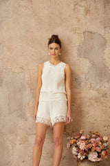 Victoria Top & Shorts Set with Crochet Detail in White