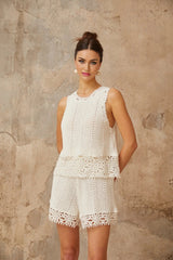 Victoria Top & Shorts Set with Crochet Detail in White