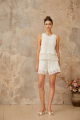Victoria Top & Shorts Set with Crochet Detail in White