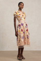 Vincenzina Beige Floral Embroidered Midi Dress with Tulle Overlay and Belt