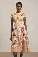 Vincenzina Beige Floral Embroidered Midi Dress with Tulle Overlay and Belt
