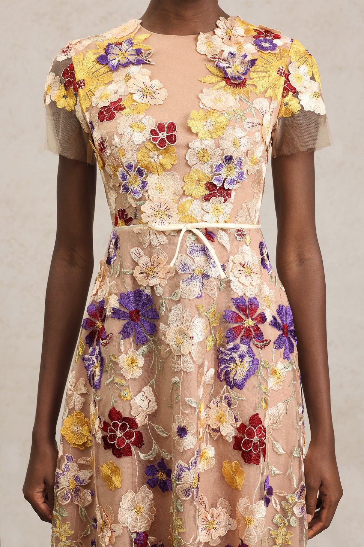 Vincenzina Beige Floral Embroidered Midi Dress with Tulle Overlay and Belt