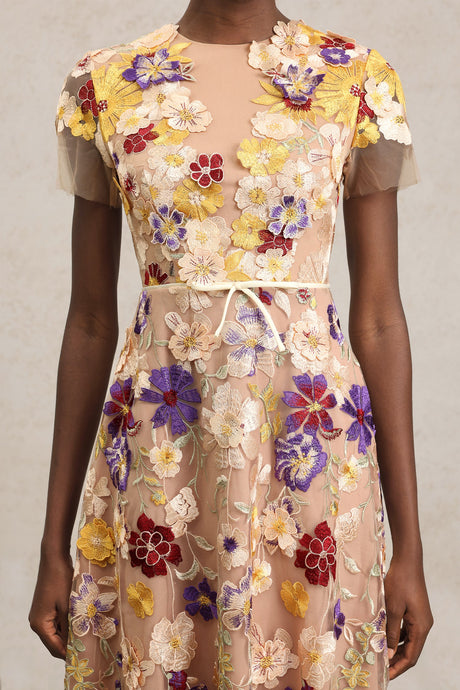 Vincenzina Beige Floral Embroidered Midi Dress with Tulle Overlay and Belt