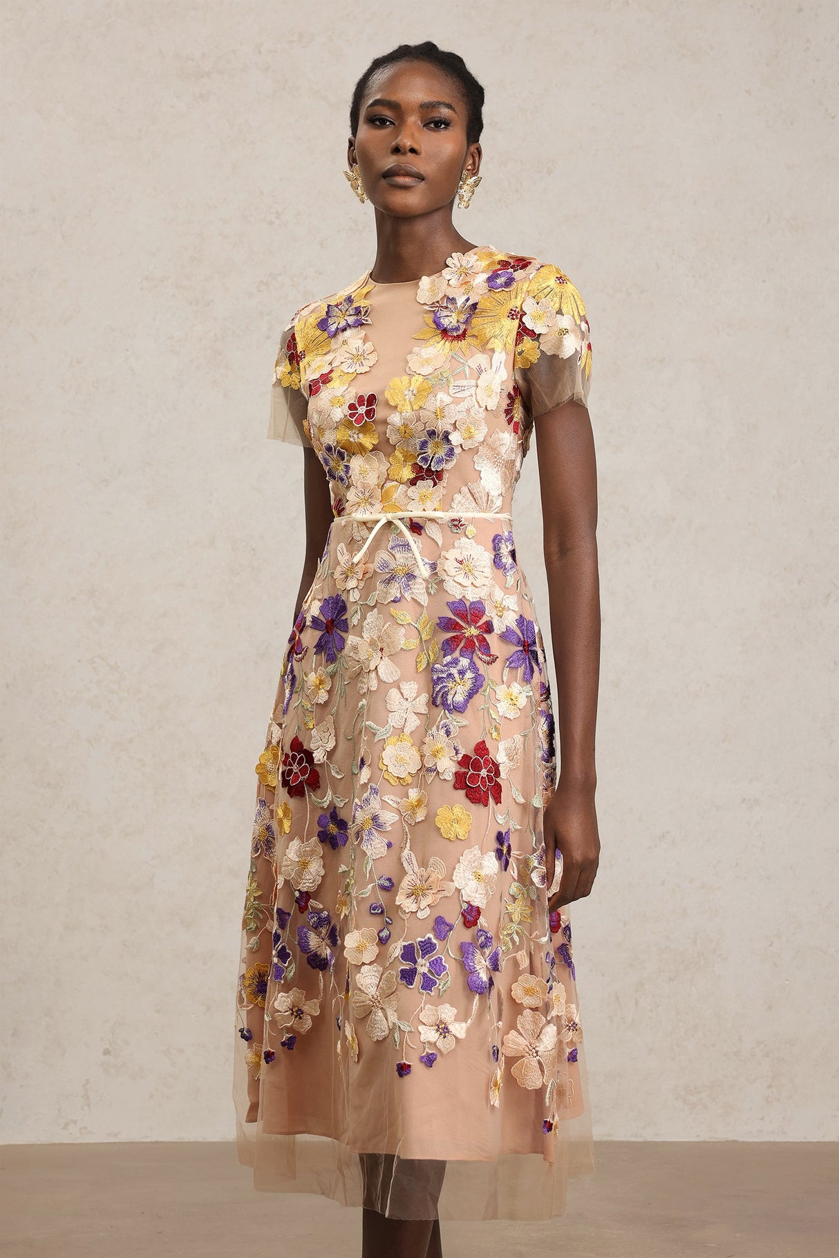 Vincenzina Beige Floral Embroidered Midi Dress with Tulle Overlay and Belt