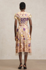 Vincenzina Beige Floral Embroidered Midi Dress with Tulle Overlay and Belt