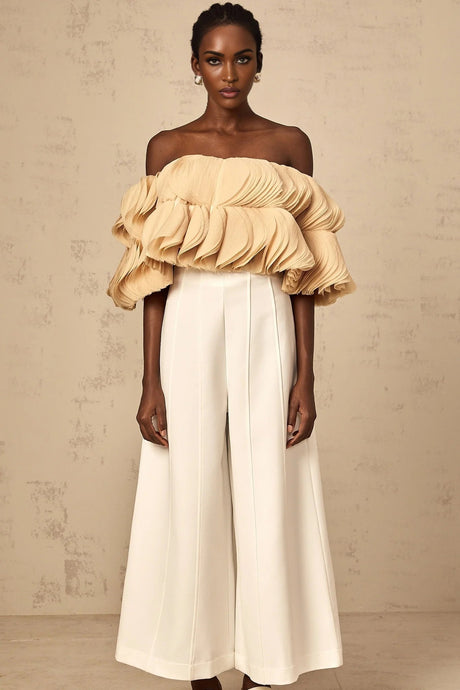 Vincenzina Cropped Top Neutrals Off - Shoulder Shirred
