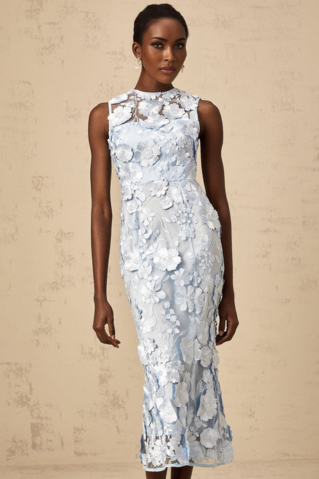 Vincenzina Floral Midi Dress in Blue with Cinched Waist & Flared Hem