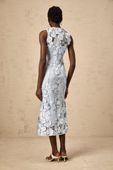 Vincenzina Floral Midi Dress in Blue with Cinched Waist & Flared Hem