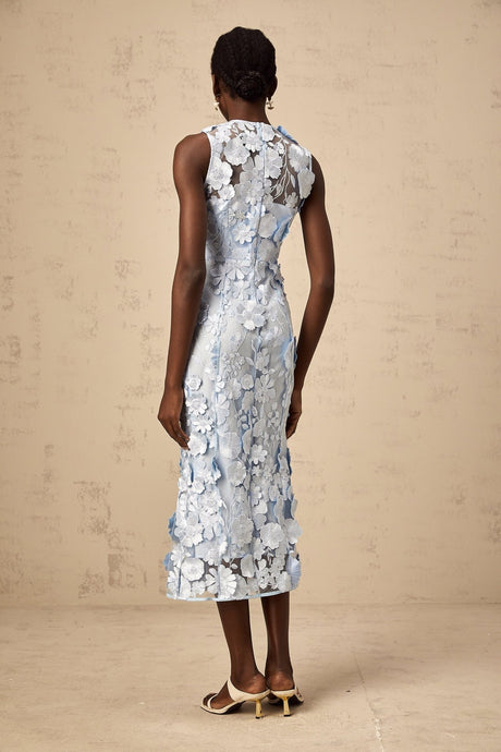 Vincenzina Floral Midi Dress in Blue with Cinched Waist & Flared Hem