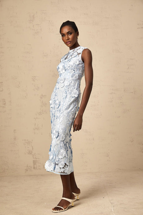 Vincenzina Floral Midi Dress in Blue with Cinched Waist & Flared Hem