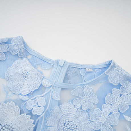 Vincenzina Floral Midi Dress in Blue with Cinched Waist & Flared Hem