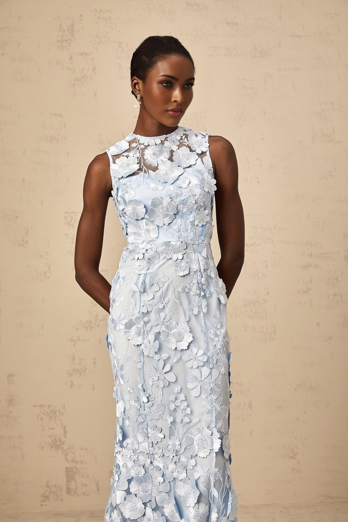 Vincenzina Floral Midi Dress in Blue with Cinched Waist & Flared Hem