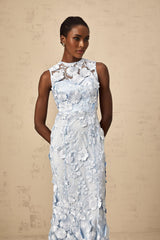 Vincenzina Floral Midi Dress in Blue with Cinched Waist & Flared Hem
