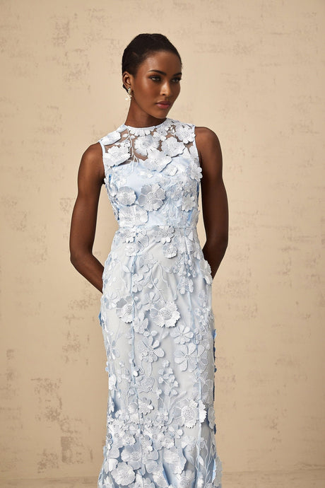 Vincenzina Floral Midi Dress in Blue with Cinched Waist & Flared Hem
