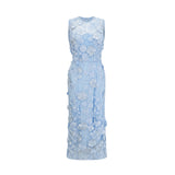 Vincenzina Floral Midi Dress in Blue with Cinched Waist & Flared Hem
